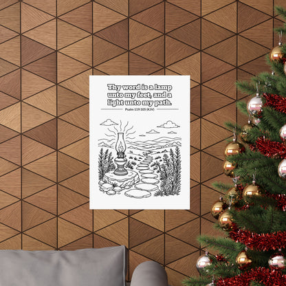Black line art poster of an oil lamp on a stone beside a stepping-stone path winding into the hills, with Psalm 119:105 KJV lettered above: Thy word is a lamp unto my feet, and a light unto my path.