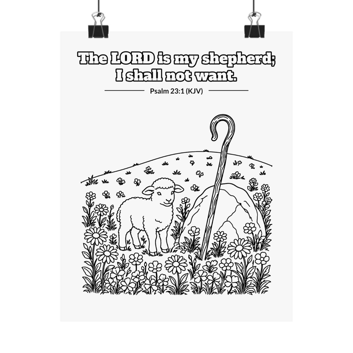 Black line art poster of a lamb beside a shepherd's crook in a flowering meadow, with Psalm 23:1 KJV lettered above: The LORD is my shepherd; I shall not want.