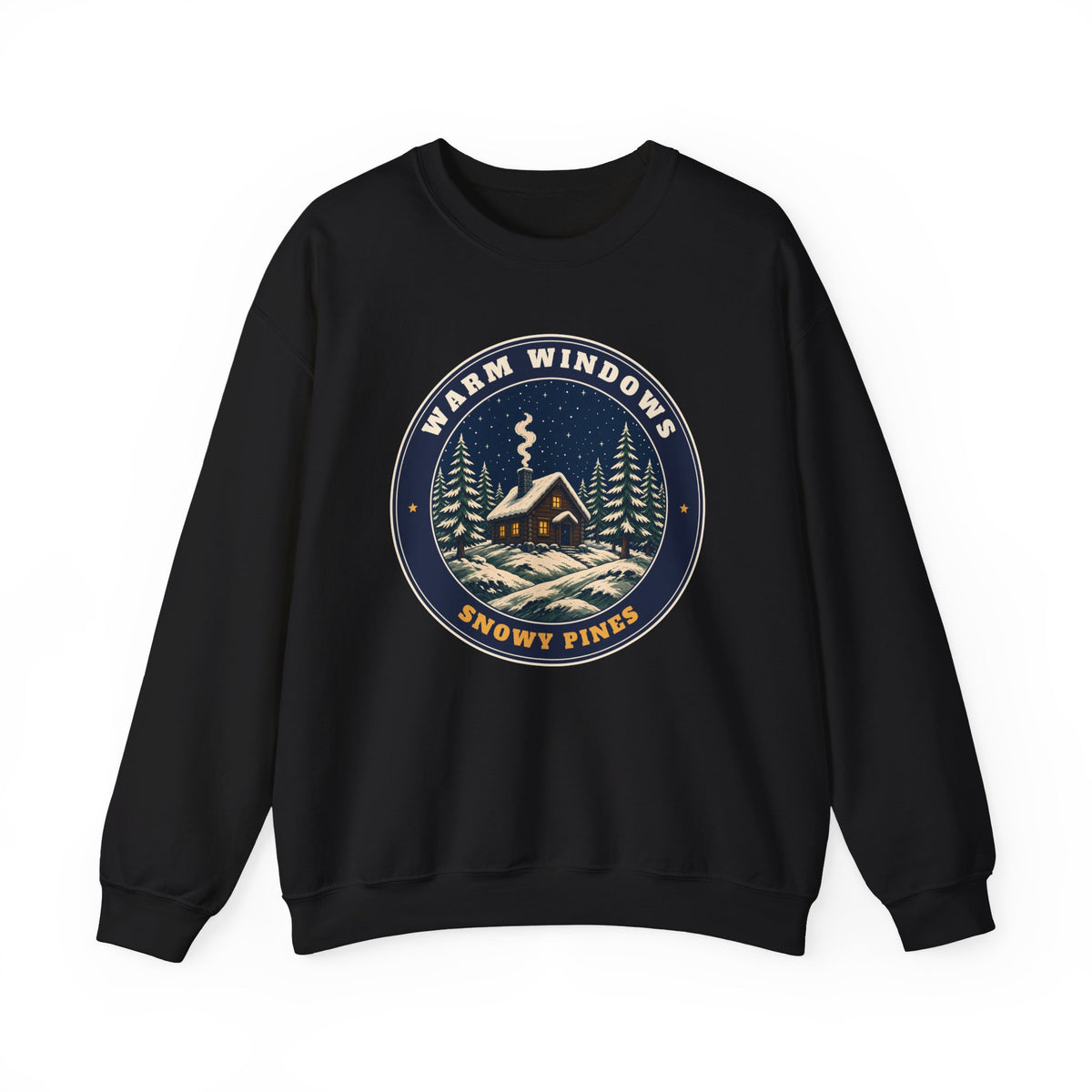 Warm Windows, Snowy Pines unisex crewneck sweatshirt in Black