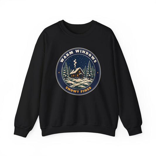 Warm Windows, Snowy Pines unisex crewneck sweatshirt in Black