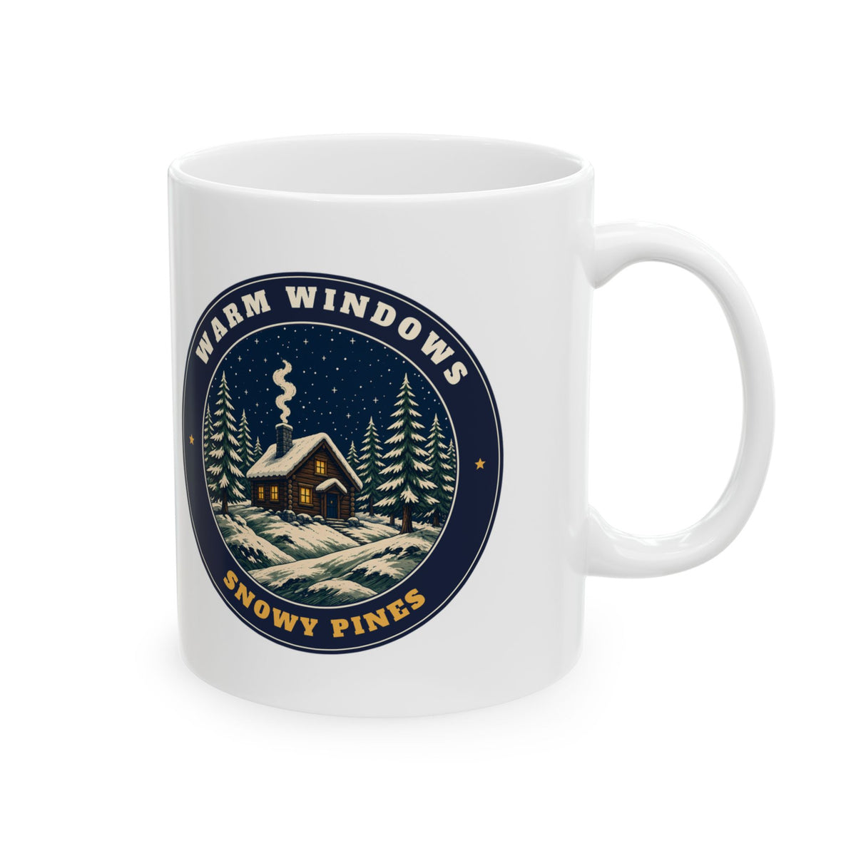 Warm Windows, Snowy Pines 11oz white mug with a glowing cabin among snowy pines, front