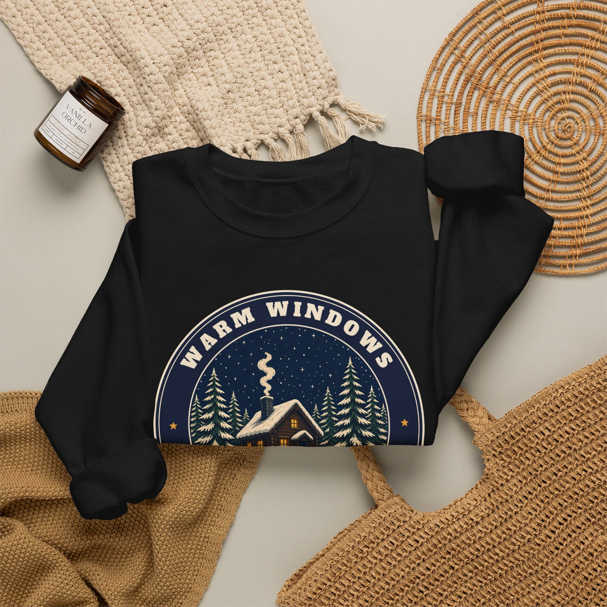 Warm Windows, Snowy Pines unisex crewneck sweatshirt