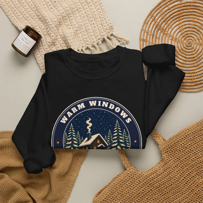 Warm Windows, Snowy Pines unisex crewneck sweatshirt