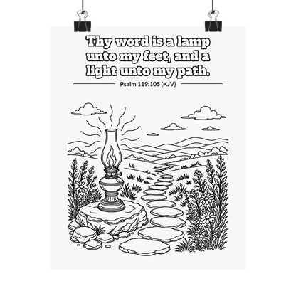 Black line art poster of an oil lamp on a stone beside a stepping-stone path winding into the hills, with Psalm 119:105 KJV lettered above: Thy word is a lamp unto my feet, and a light unto my path.