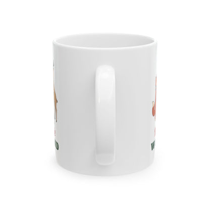 Merry Little Woodland 11oz white mug with a fox, deer and bunny in scarves by a Christmas tree, handle view