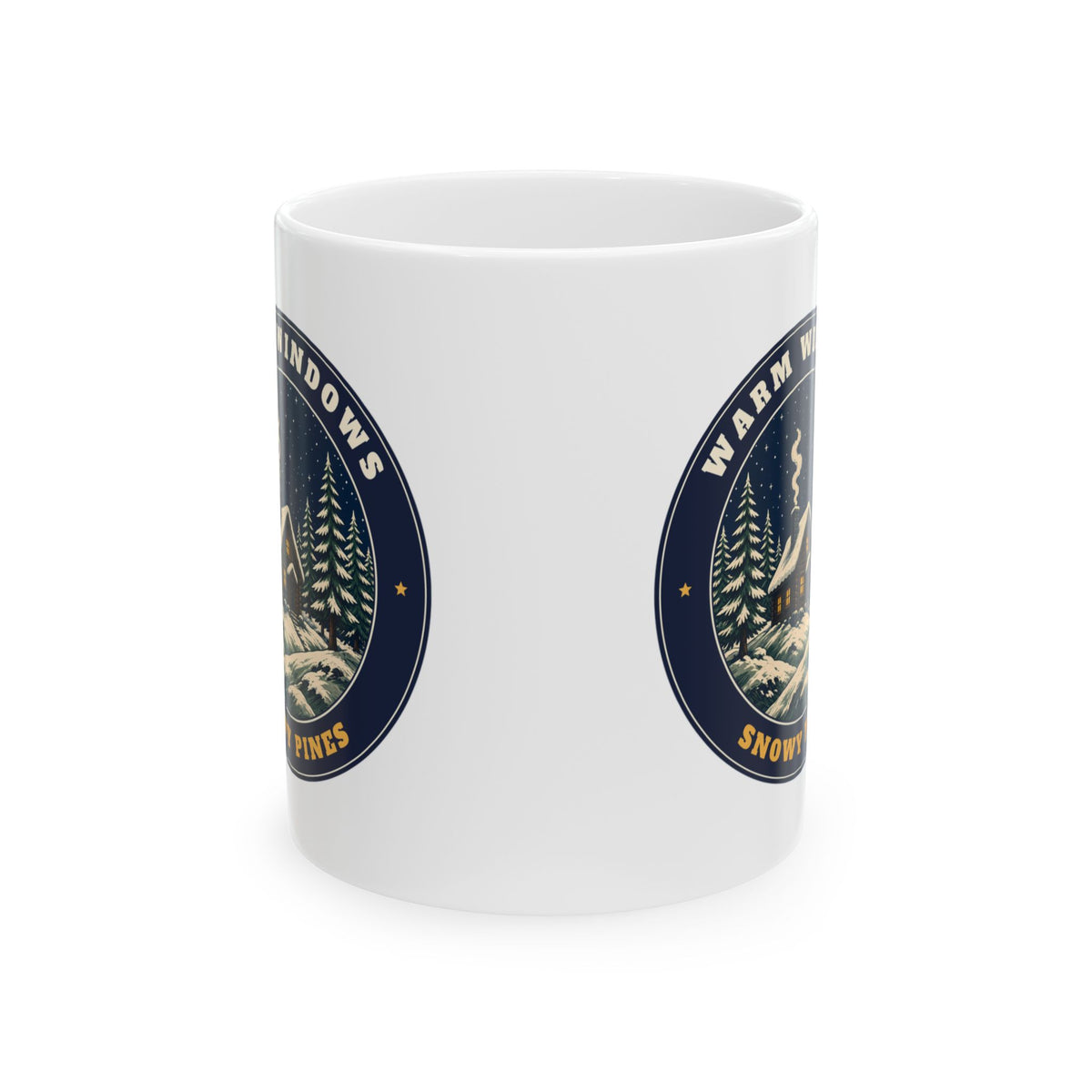 Warm Windows, Snowy Pines 11oz white mug with a glowing cabin among snowy pines, side view
