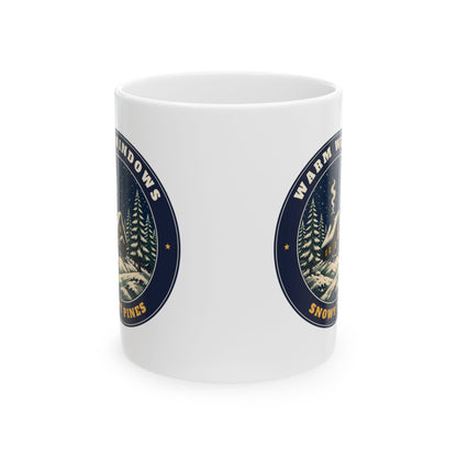 Warm Windows, Snowy Pines 11oz white mug with a glowing cabin among snowy pines, side view