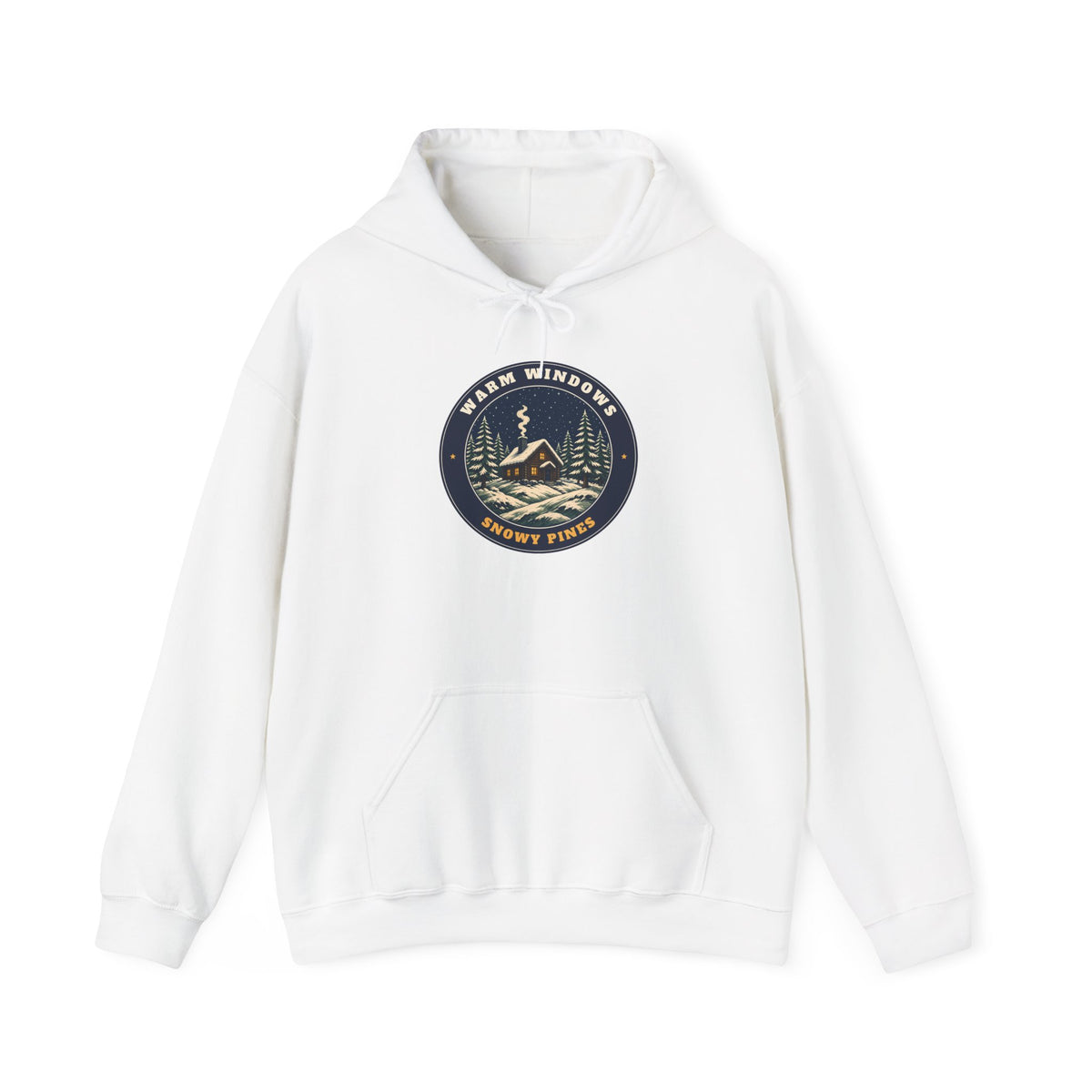 Warm Windows, Snowy Pines unisex hoodie in White