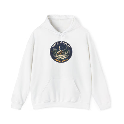 Warm Windows, Snowy Pines unisex hoodie in White
