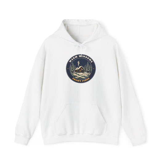 Warm Windows, Snowy Pines unisex hoodie in White