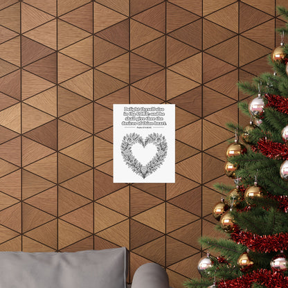 Black line art poster of a heart-shaped wreath of roses, wildflowers and leaves, with Psalm 37:4 KJV lettered above: Delight thyself also in the LORD: and he shall give thee the desires of thine heart.