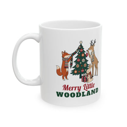 Merry Little Woodland 11oz white mug with a fox, deer and bunny in scarves by a Christmas tree, back