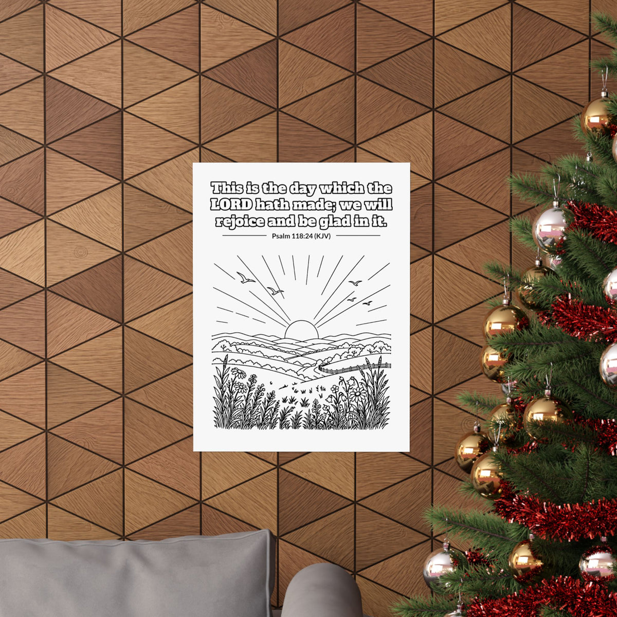 Black line art poster of the sun rising over rolling hills and wildflowers with birds in the sky, with Psalm 118:24 KJV lettered above: This is the day which the LORD hath made; we will rejoice and be glad in it.