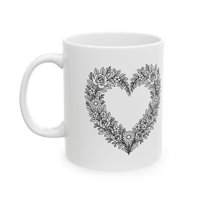 Psalm 37:4 KJV 11oz white mug with floral heart line art and Delight thyself in the LORD verse, front