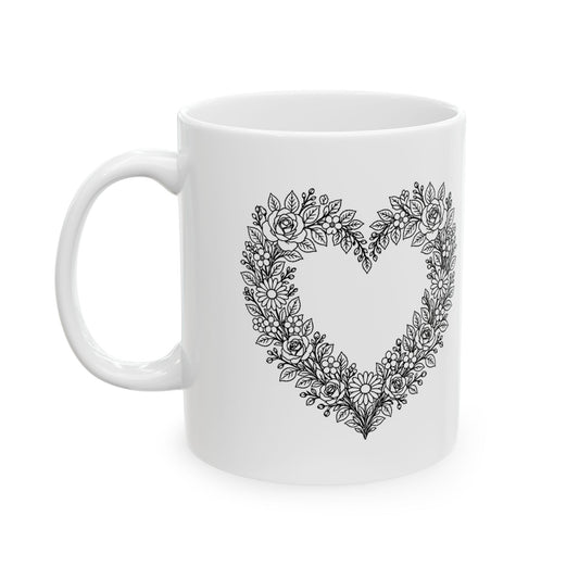 Psalm 37:4 KJV 11oz white mug with floral heart line art and Delight thyself in the LORD verse, front