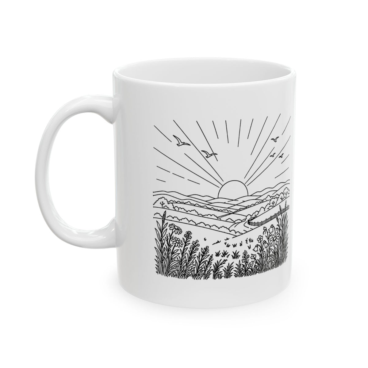 Psalm 118:24 KJV 11oz white mug with sunrise line art and This is the day verse, front
