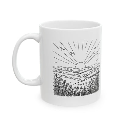 Psalm 118:24 KJV 11oz white mug with sunrise line art and This is the day verse, front