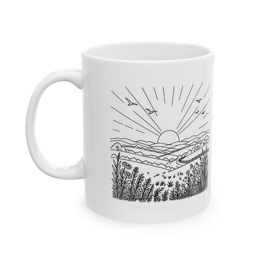 Psalm 118:24 KJV 11oz white mug with sunrise line art and This is the day verse, front