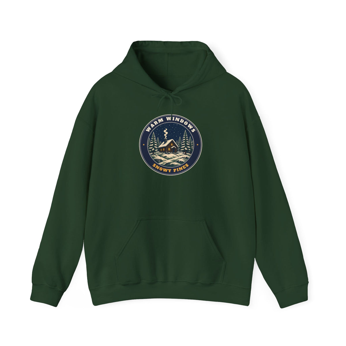 Warm Windows, Snowy Pines unisex hoodie in Forest Green
