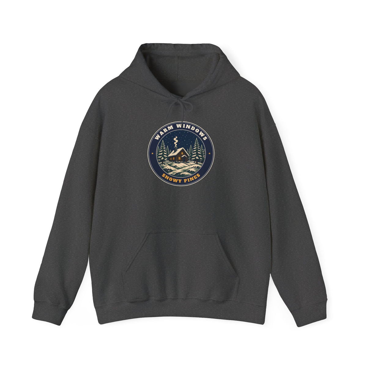 Warm Windows, Snowy Pines unisex hoodie in Dark Heather