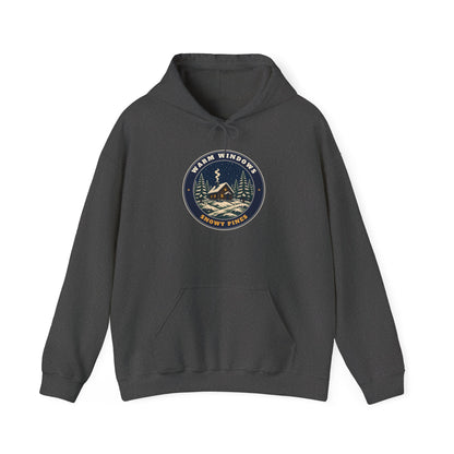 Warm Windows, Snowy Pines unisex hoodie in Dark Heather