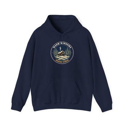Warm Windows, Snowy Pines unisex hoodie in Navy