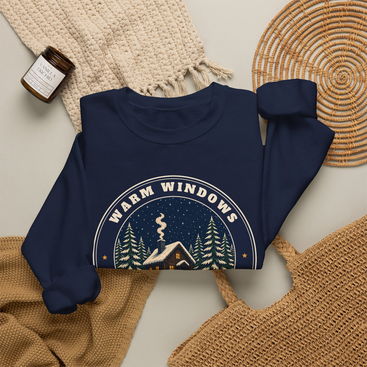Warm Windows, Snowy Pines unisex crewneck sweatshirt