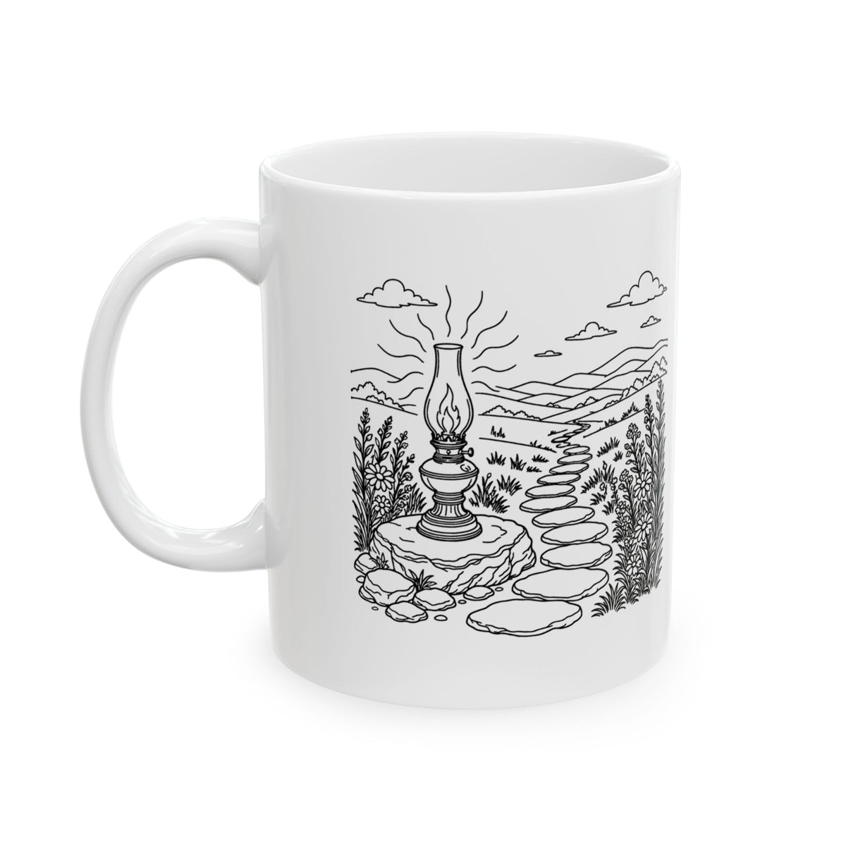 Psalm 119:105 KJV 11oz white mug with oil lamp line art and Thy word is a lamp verse, front