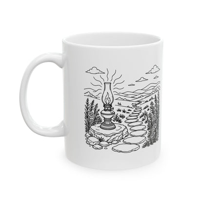 Psalm 119:105 KJV 11oz white mug with oil lamp line art and Thy word is a lamp verse, front