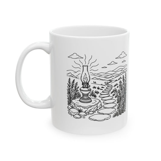 Psalm 119:105 KJV 11oz white mug with oil lamp line art and Thy word is a lamp verse, front