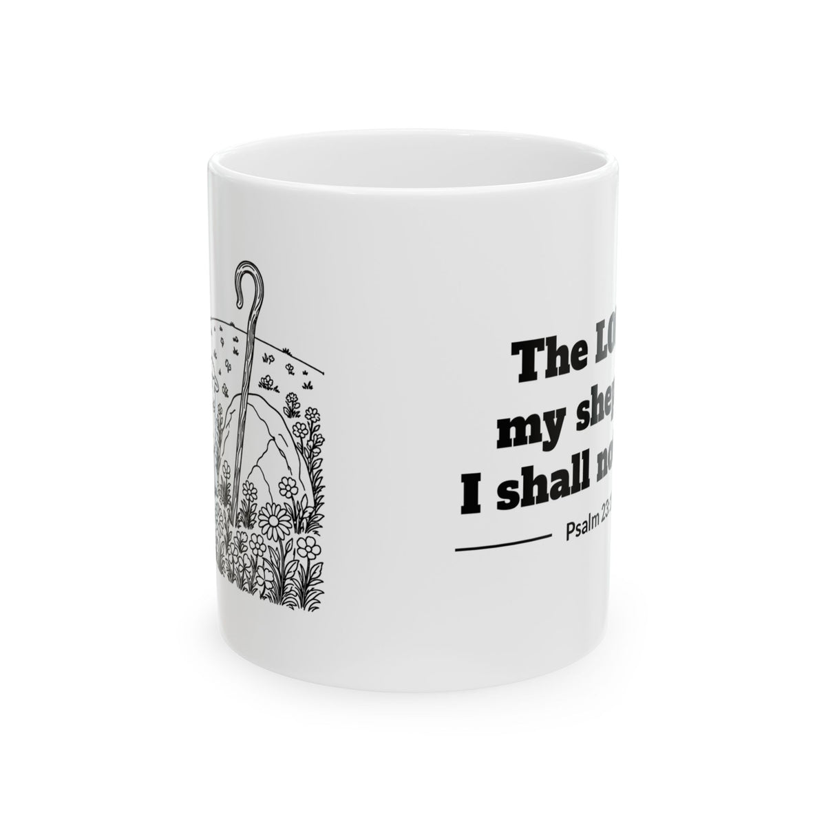 Psalm 23:1 KJV 11oz white mug with lamb line art and The LORD is my shepherd verse, side view