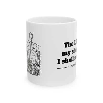 Psalm 23:1 KJV 11oz white mug with lamb line art and The LORD is my shepherd verse, side view
