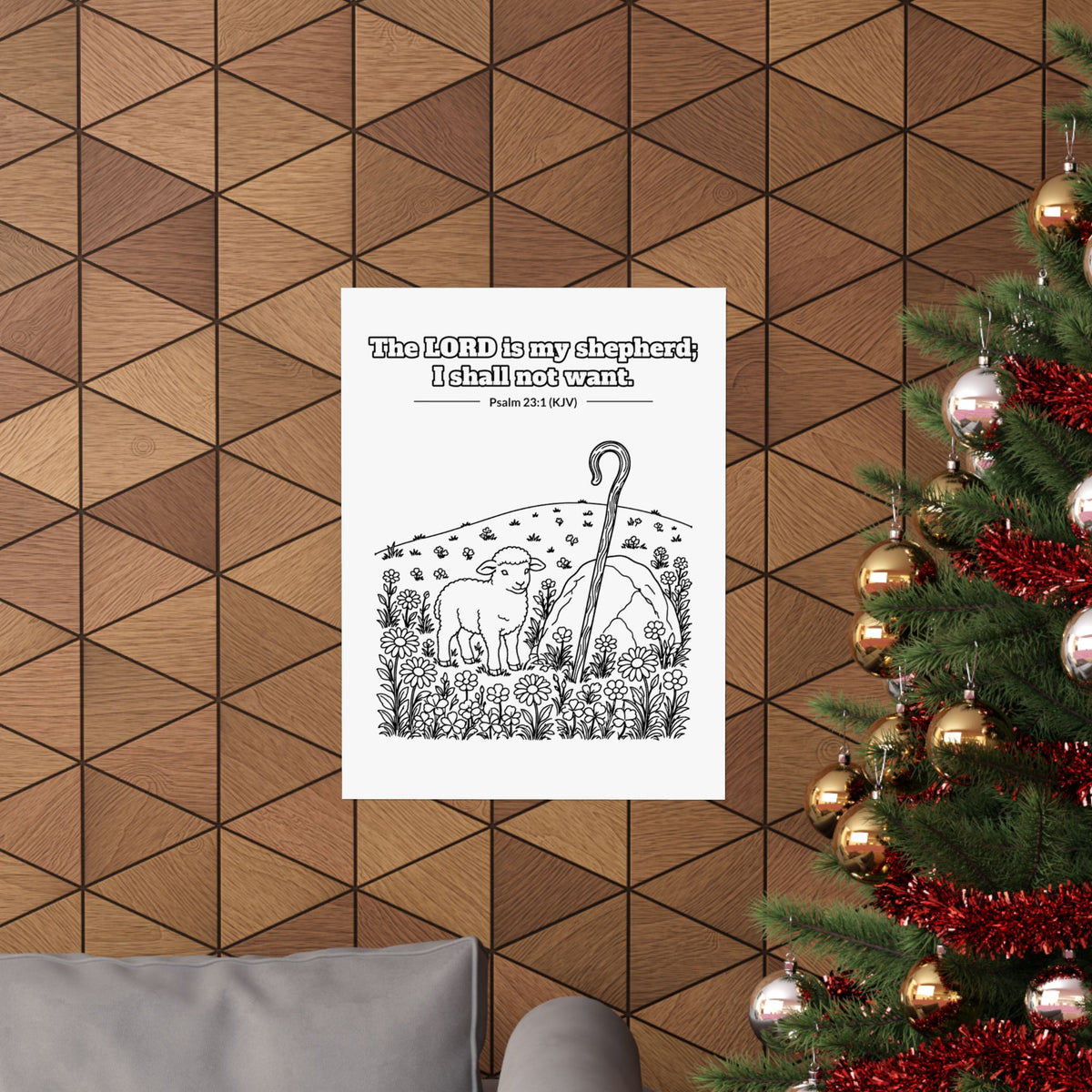 Black line art poster of a lamb beside a shepherd's crook in a flowering meadow, with Psalm 23:1 KJV lettered above: The LORD is my shepherd; I shall not want.