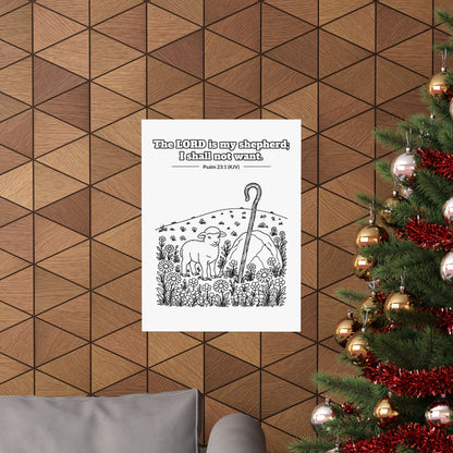 Black line art poster of a lamb beside a shepherd's crook in a flowering meadow, with Psalm 23:1 KJV lettered above: The LORD is my shepherd; I shall not want.