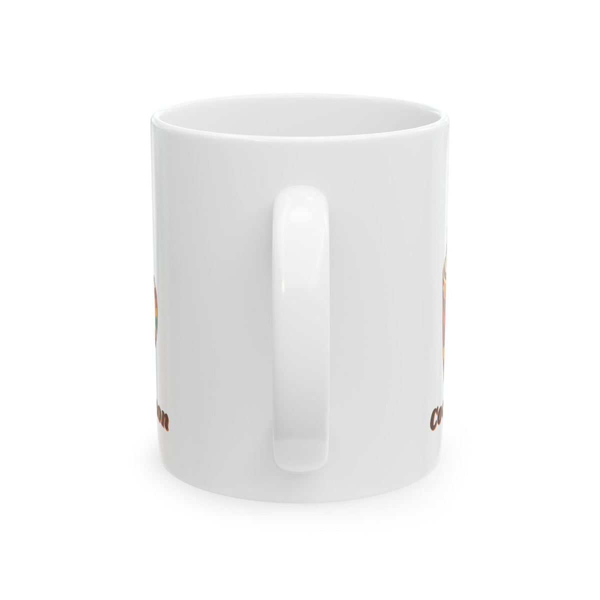 Cocoa Season 11oz white mug with steaming hot cocoa and marshmallow snowmen, handle view