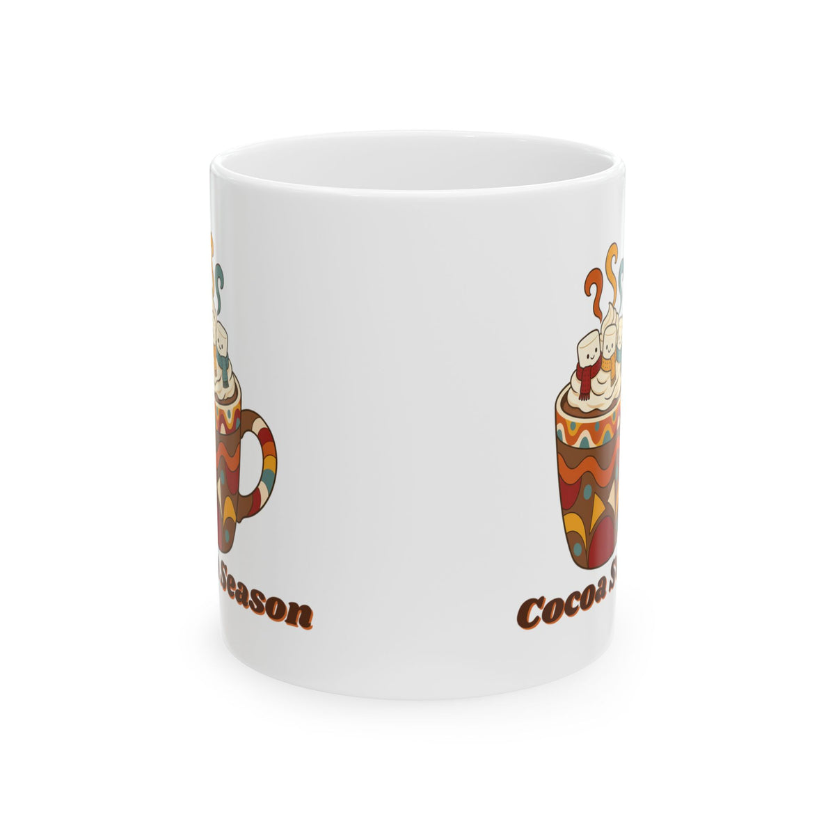 Cocoa Season 11oz white mug with steaming hot cocoa and marshmallow snowmen, side view