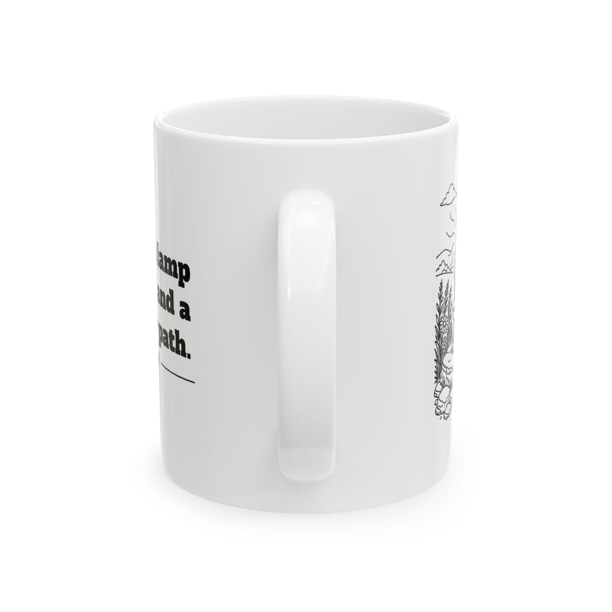 Psalm 119:105 KJV 11oz white mug with oil lamp line art and Thy word is a lamp verse, handle view
