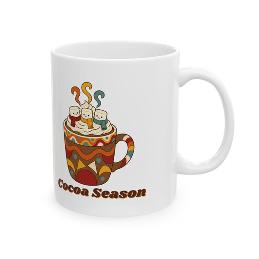 Cocoa Season 11oz white mug with steaming hot cocoa and marshmallow snowmen, front