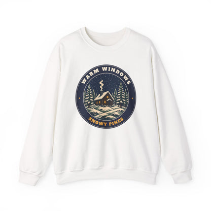 Warm Windows, Snowy Pines unisex crewneck sweatshirt in White