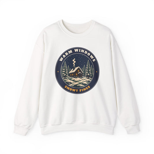 Warm Windows, Snowy Pines unisex crewneck sweatshirt in White
