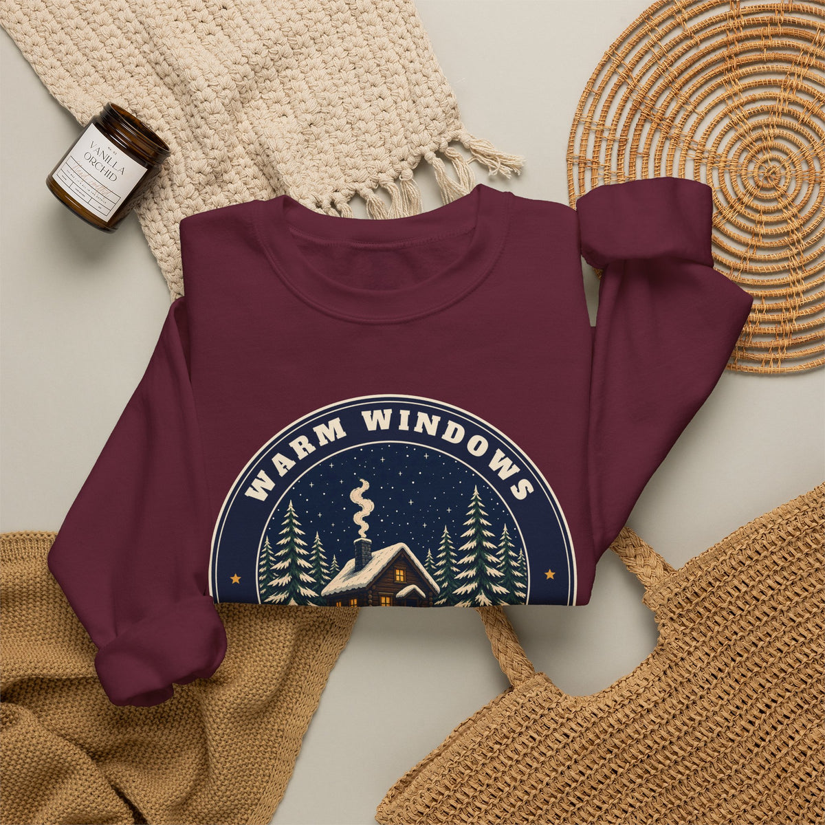 Warm Windows, Snowy Pines unisex crewneck sweatshirt