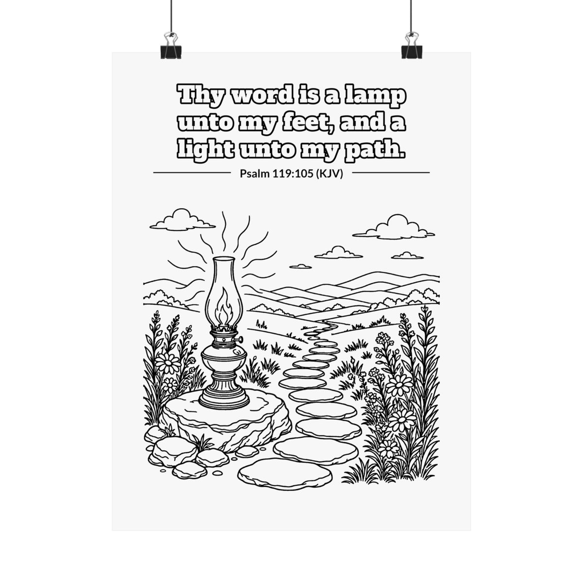 Black line art poster of an oil lamp on a stone beside a stepping-stone path winding into the hills, with Psalm 119:105 KJV lettered above: Thy word is a lamp unto my feet, and a light unto my path.