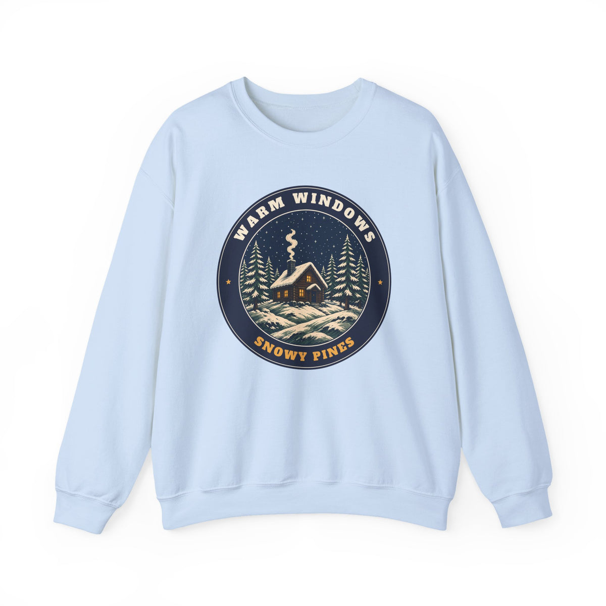 Warm Windows, Snowy Pines unisex crewneck sweatshirt in Light Blue