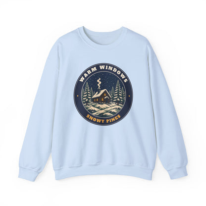 Warm Windows, Snowy Pines unisex crewneck sweatshirt in Light Blue