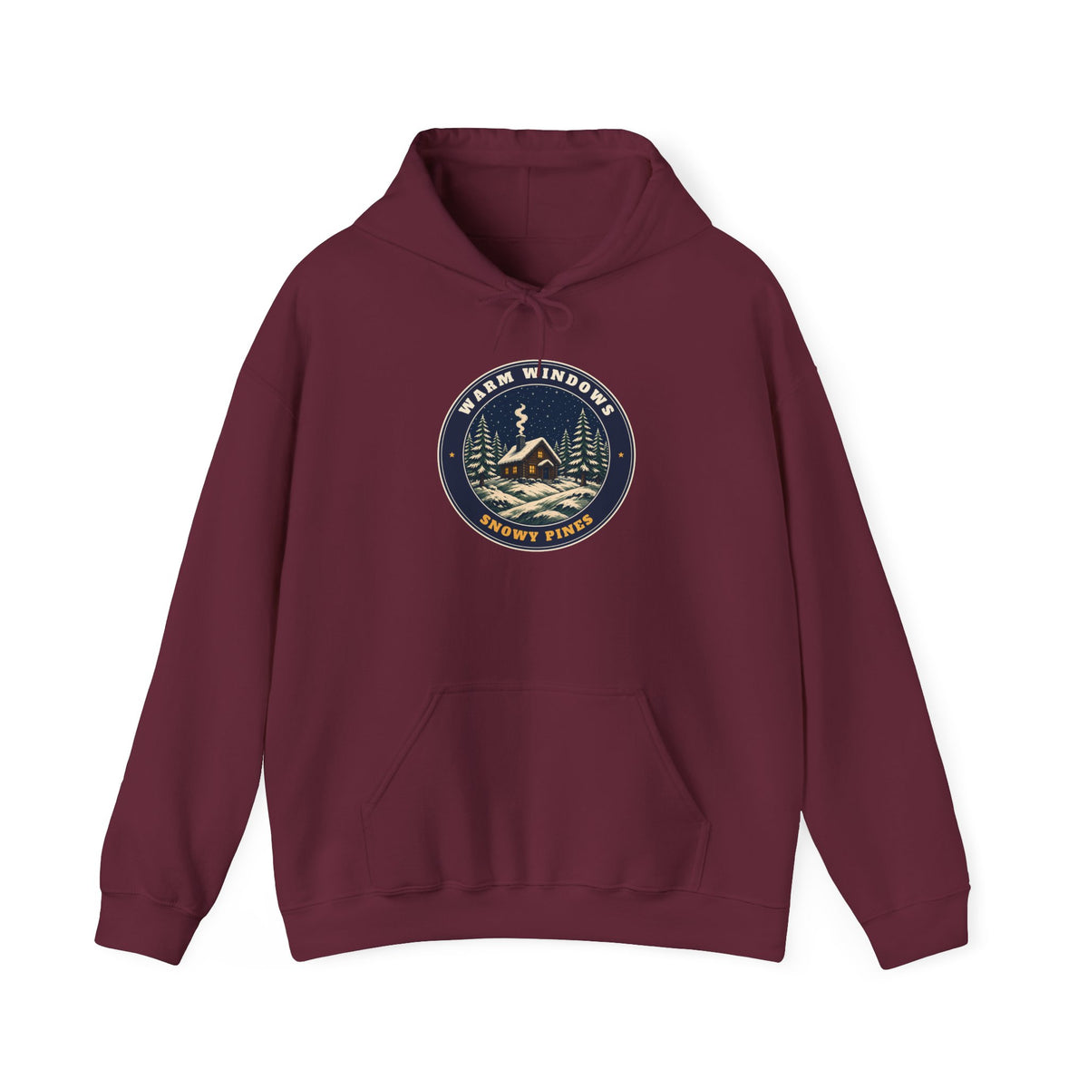 Warm Windows, Snowy Pines unisex hoodie in Maroon