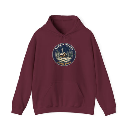 Warm Windows, Snowy Pines unisex hoodie in Maroon