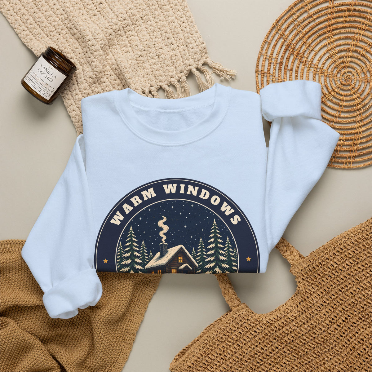Warm Windows, Snowy Pines unisex crewneck sweatshirt