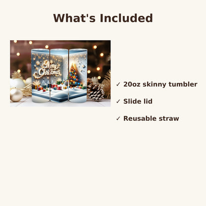 Christmas Tree 20oz skinny tumbler, what's included: tumbler, slide lid, reusable straw