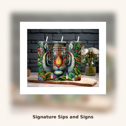 Exotic Jungle Tiger 20oz skinny tumbler, product photo on styled backdrop